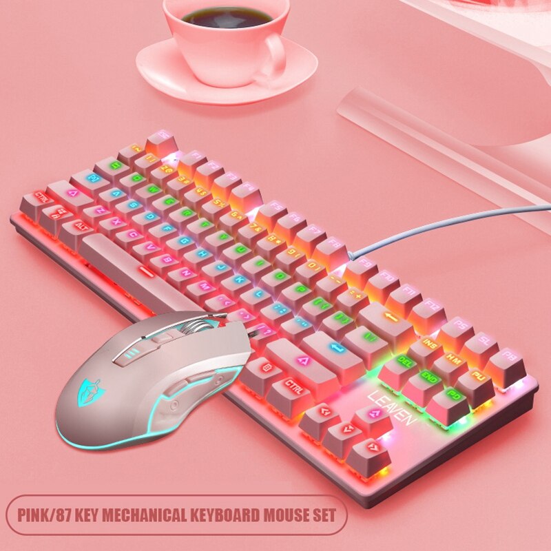 Mechanical Gaming Keyboard & Mouse Set, 87 Keys, Seven Colors RGB USB: pink