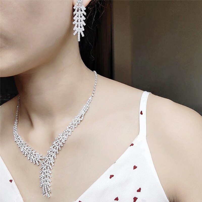 BLIJERY New Luxury Tree Branch Set di gioielli da sposa Set di gioielli da donna con orecchini in cristallo con strass Color argento