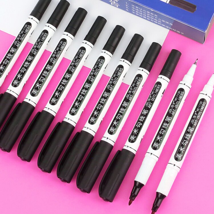 10pcs Line Drawing Pen Double Headed Oily Big Head Black Thick Pen Non Fading Marking Pen Art Pen Black Students