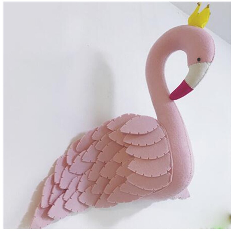 Håndlavet pink krone svane vægindretning udstoppet dukkelegetøj 3d dyrehoved legetøj vægophæng flamingo dekoration babyværelse vægkunstværk