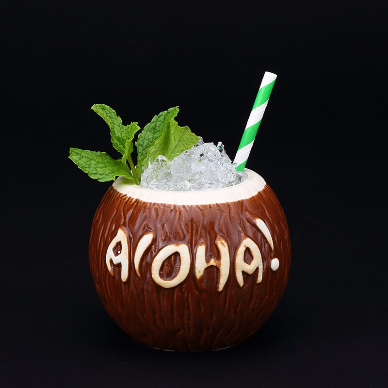 Hawaii Style 3D Coco Hollywood Bar TIKI Mug Handmade Ceramic Coconut Shell Cocktail Glass Cold-drink Shop Ice Cream Smoothie Cup