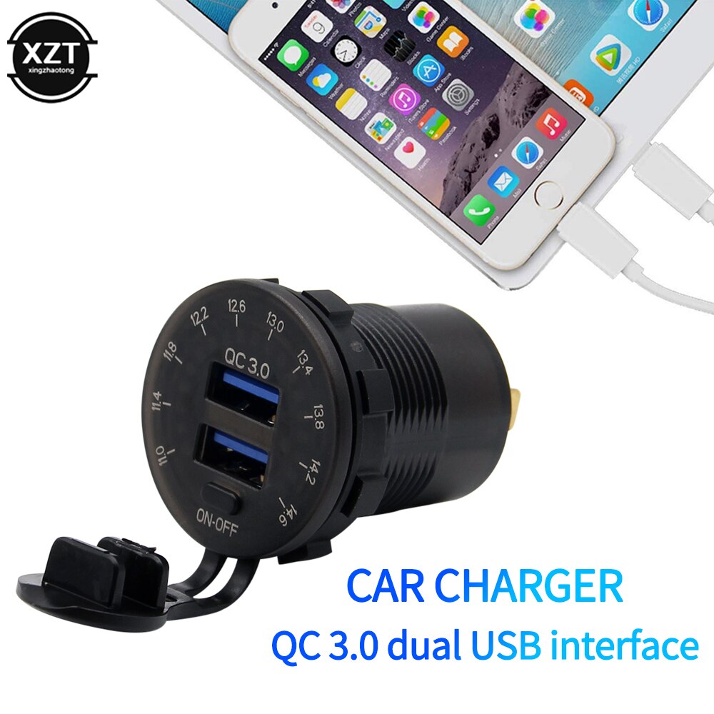 QC3.0 Dual USB Cigarette Lighter Car Charger with LED Streamlight Voltmeter 12-24V Waterproof 2 Ports Power Socket ON/OFF Switch