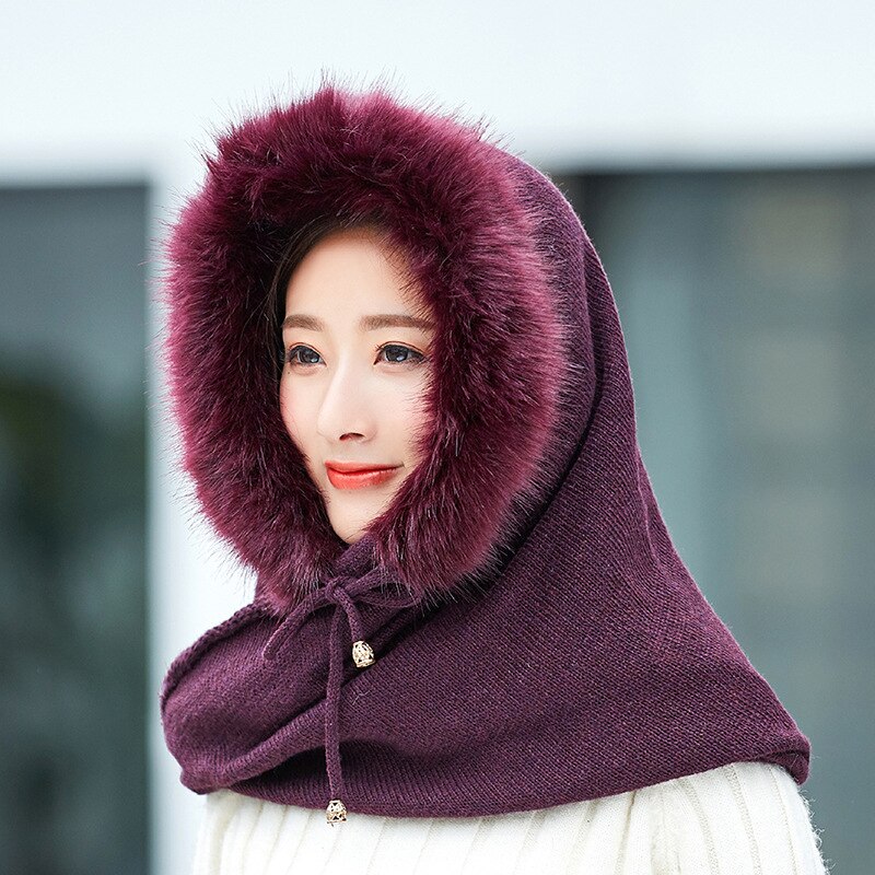 Adult Plus Velvet Hat Female Multi-Fuction Knitted Cashmere Hat Collar Set Winter Neck Warmer Hooded Earmuffs Warm Thickened: Burgundy