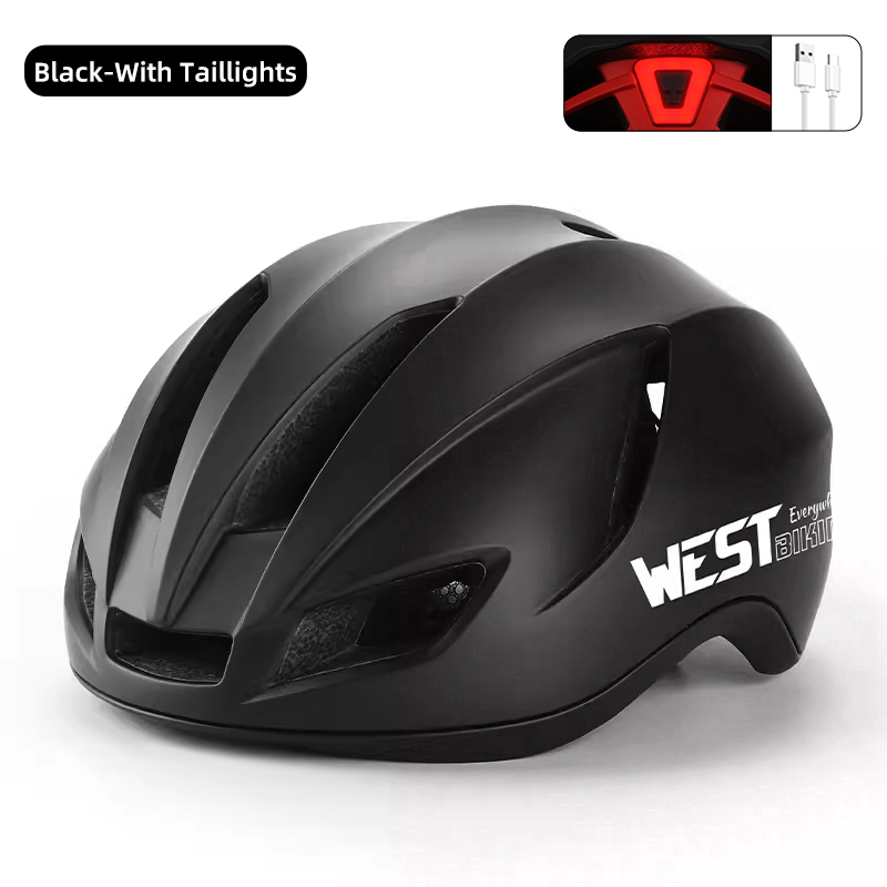 West biking aerodynamisk cykelhjelm til kvinder, integreret støbt sportssikkerhed, kc-certificeret unisex landevejshjelm med led-baglygte: L / Sort