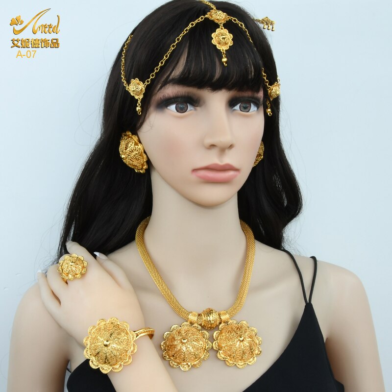 ANIID Dubai Ethiopian Flower Gold Plated 6pcs Jewelry Sets For Women Nigerian Luxury Necklace Jewellery Set Wedding Party