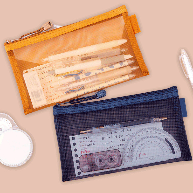 Estuche para lápices con cremallera Simple, bolsa de almacenamiento de cosméticos de malla, bolsa de papelería transparente, bolsa de maquillaje, bolsas de almacenamiento portátiles