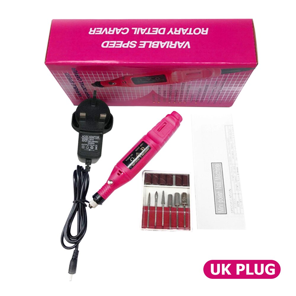 1 sæt elektrisk negleboremaskine pen til manicure pedicure tips polering slibning neglebor bits negle gel mill kit: Rød uk-stik