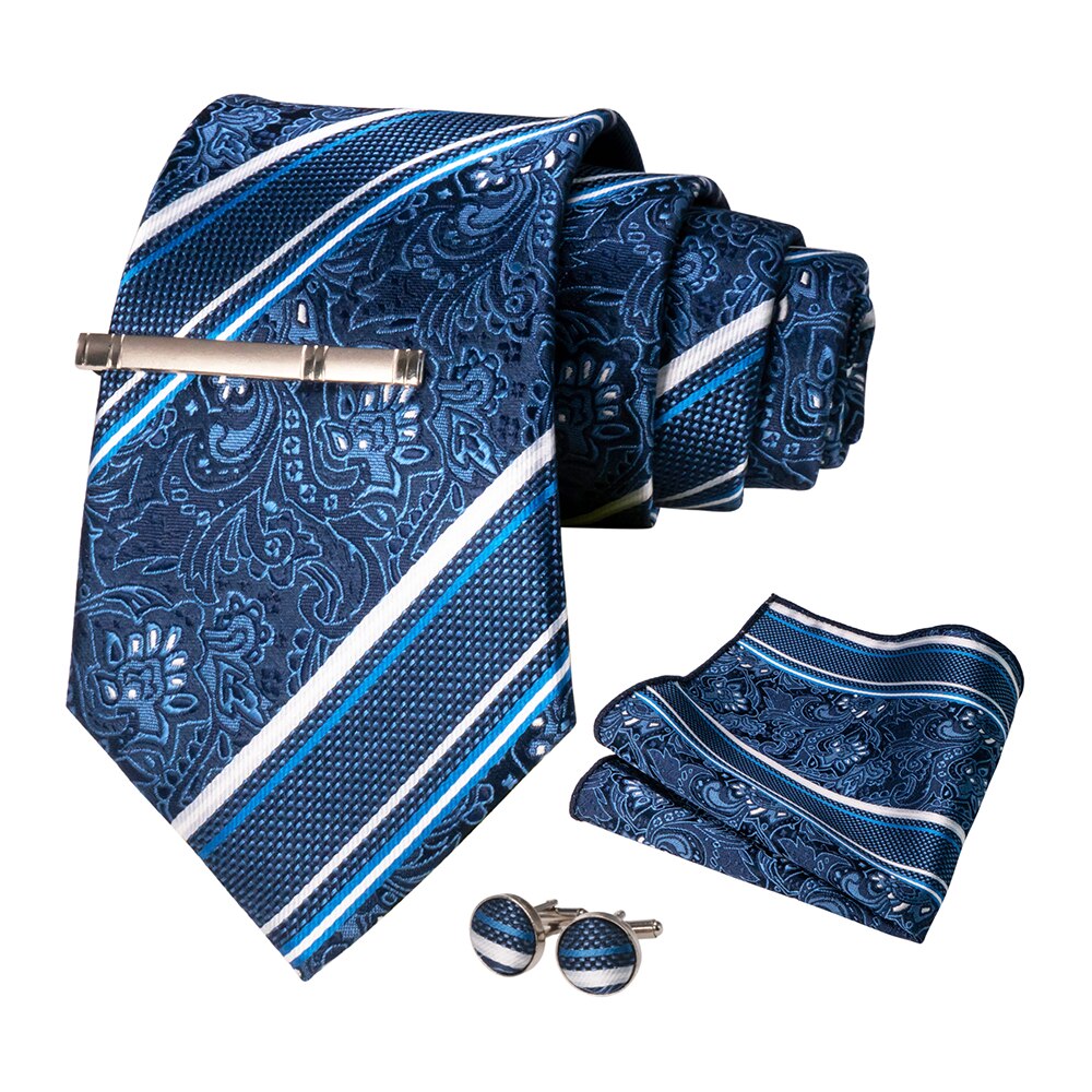 KAMBERFT-Corbata de seda a rayas azul marino para hombre, de , , conjunto de mancuernas, pañuelo, de negocios