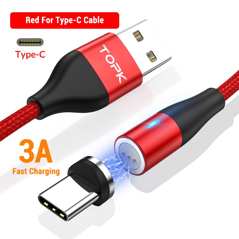 Topk AM60 3A Snel Opladen Led Magnetische Micro Usb Type C Kabel Voor Iphone Xs Max 8 7 6 Telefoon kabels: Type C Cable Red