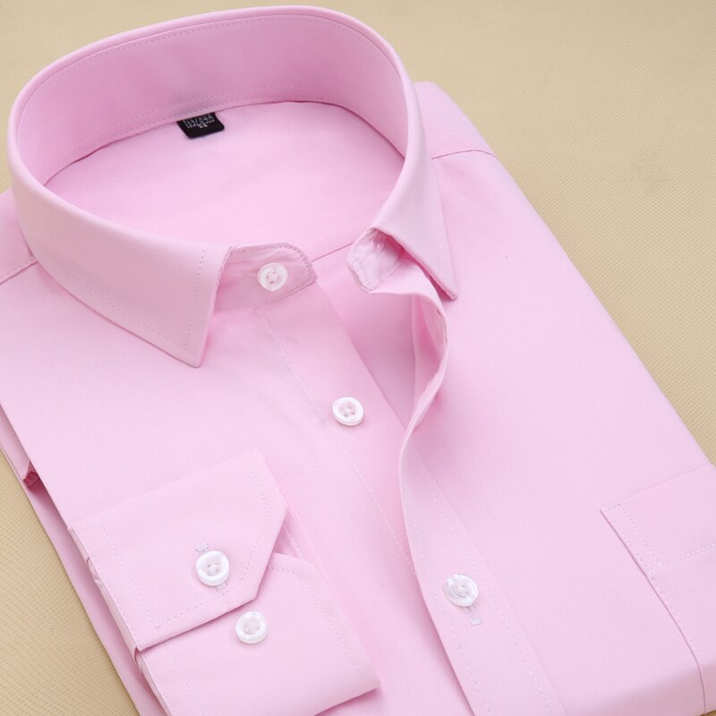 Long Sleeve Solid Pink Men Dress Shirts Slim Fit Casual Social Shirt Male Clothing Asian Size XL / 41: Default Title