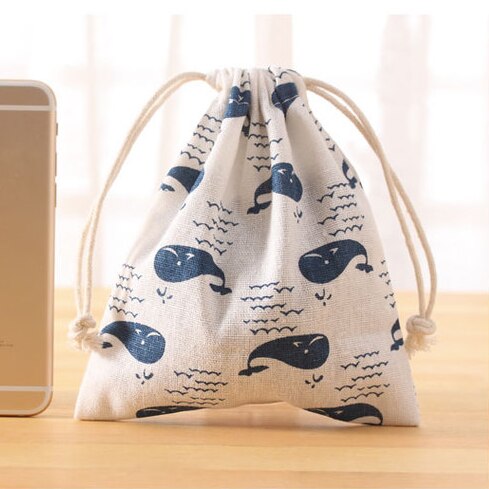 Handmade Cotton Linen Women Drawstring Bags Casual Cartoon Print Travel Home Storage Bag Environmental Reusable Fabric Pouch Bag: whale S