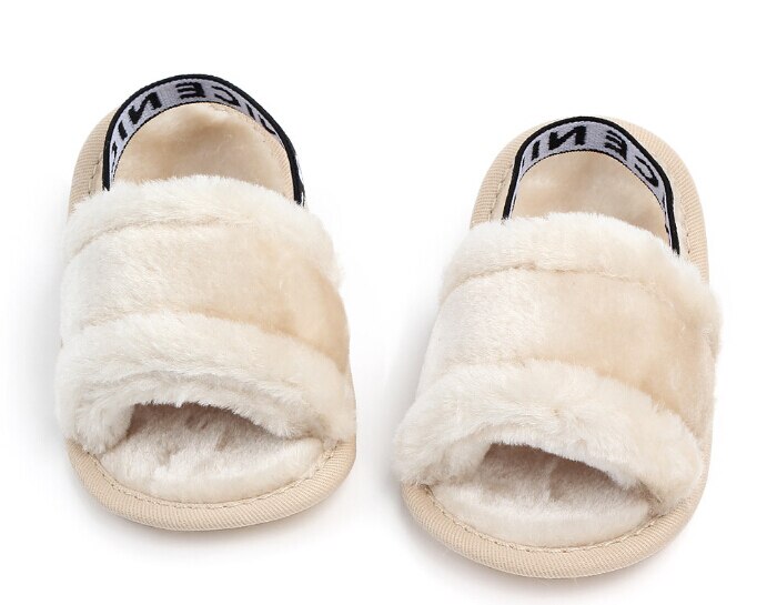 Baby Slipper Babyschoenen Baby Meisjes Jongens Fuzzy Soft Crib Schoenen Brief Elastische Band Effen Wieg Kinderwagen Prewalker: Apricot / 7-12 Months