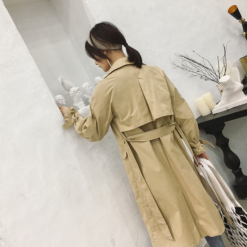 pure color long trench coat flow belt double-breasted trench coat dress