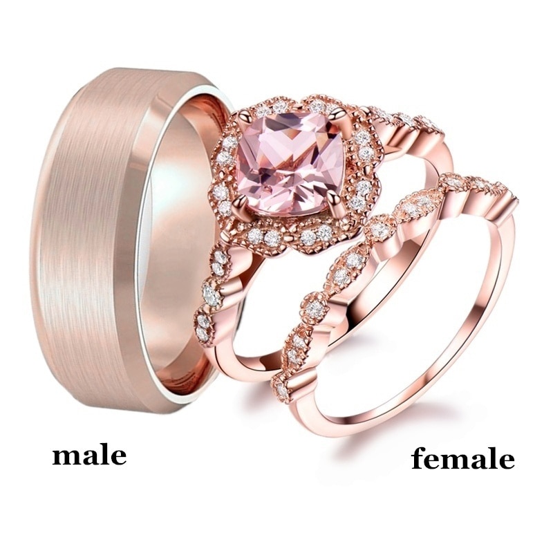 Romantic Rose-gold Couple Rings Stainless Steel Men Ring Vintage Geometric Zircon Rhinestones Rings Set Wedding