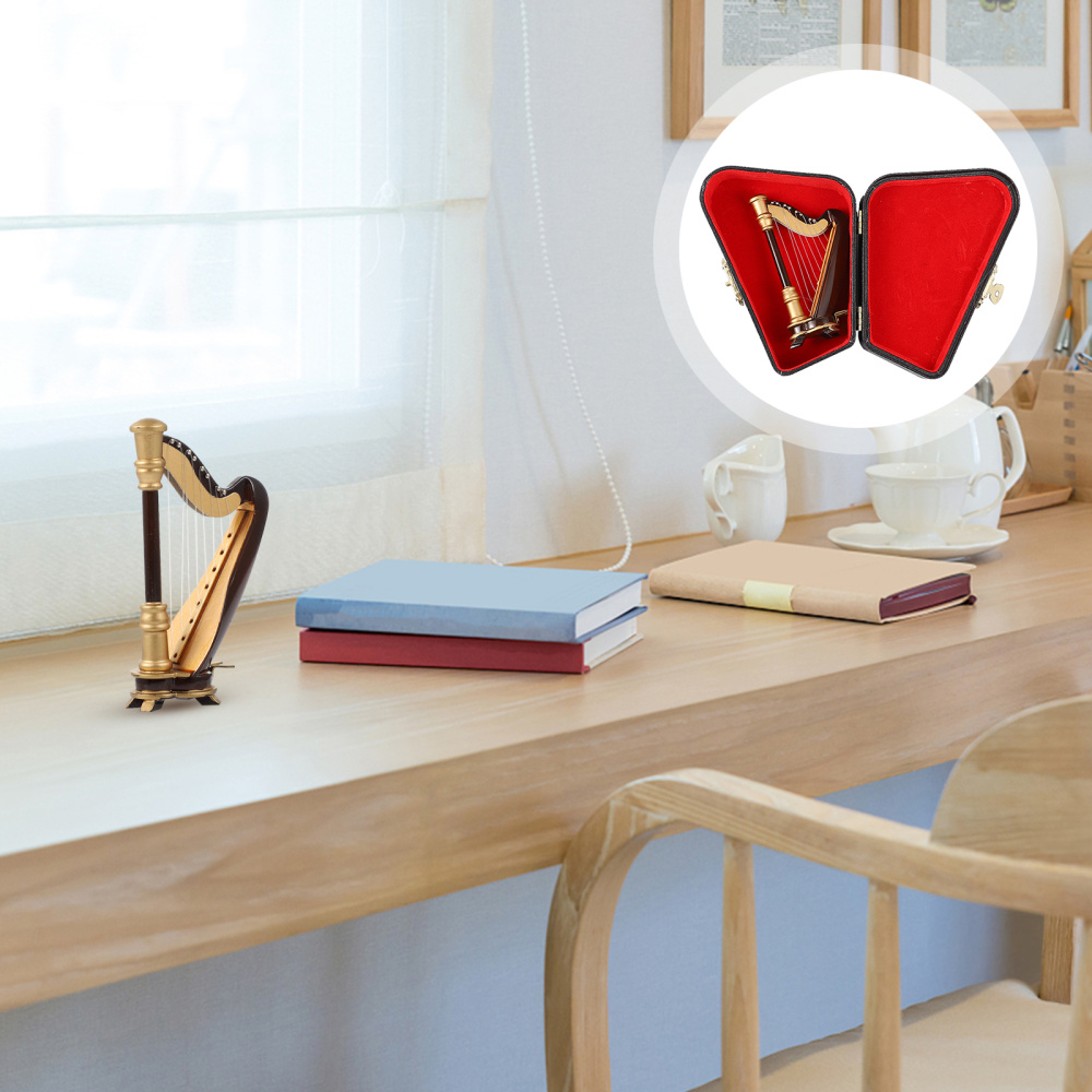 Arpa in miniatura in legno con custodia Mini strumento musicale ornamento in miniatura
