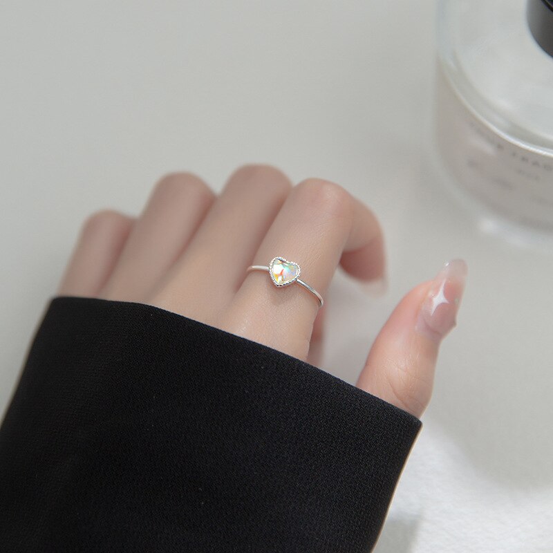 Inzatt echter 925 sterling silber gradient glas herz verstellbarer ring für damen süßer feiner schmuck minimalistisches accessoire