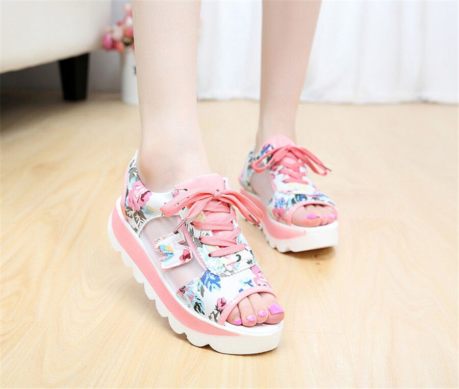 Zomer casual veter sport damesschoenen dames print sandalen visgraat mesh dikke bodem schommelschoenen: Roze / 36