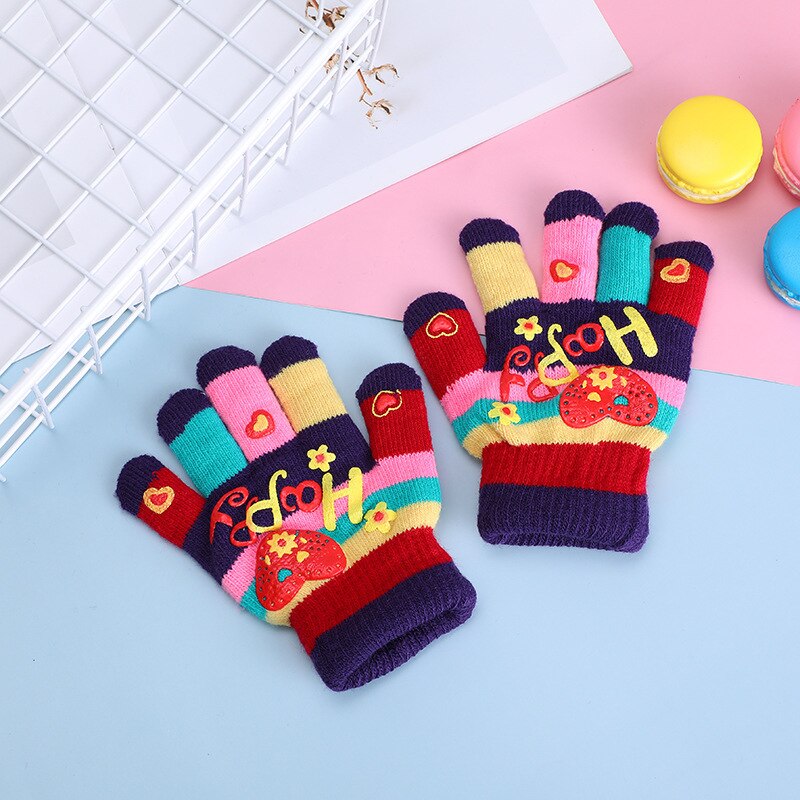 Guantes para niños con estampado de corazones y estrellas, para bebés, coloridos, de invierno, tejidos, cálidos: B