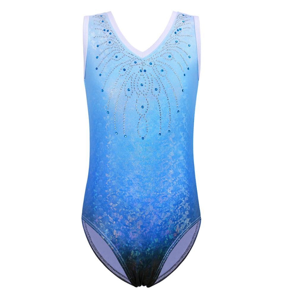 BAOHULU Sparkle Rhinestone Ballet Leotard Gradient Blue Color Gymnastics Costumes Teens Tank Activewear Dance Wear for 3-14 Year