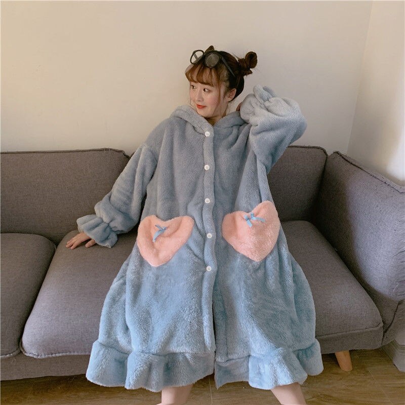 Women Robes Rabbit Ear Sweet Lovely Heart Bow Coral Fleece Home Soft Wear Females Leisure Chic Trendy Warm Bathrobe Lounge: blue / S