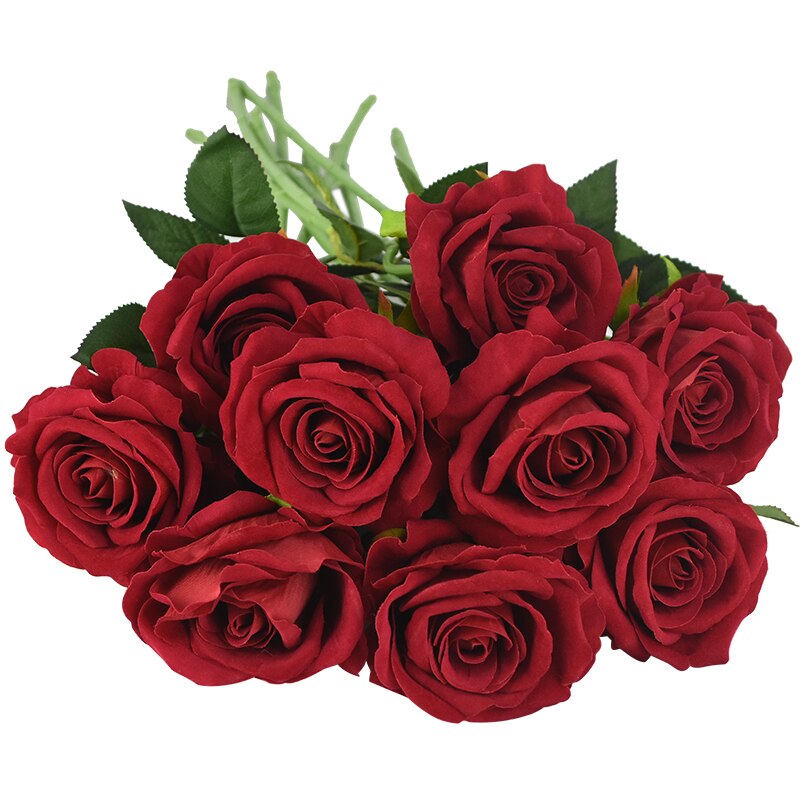 10 stk real touch rose blomster flannel blomster buket enkelt hoved rose kunstige blomster bundt til bryllup dekoration boligindretning: F08