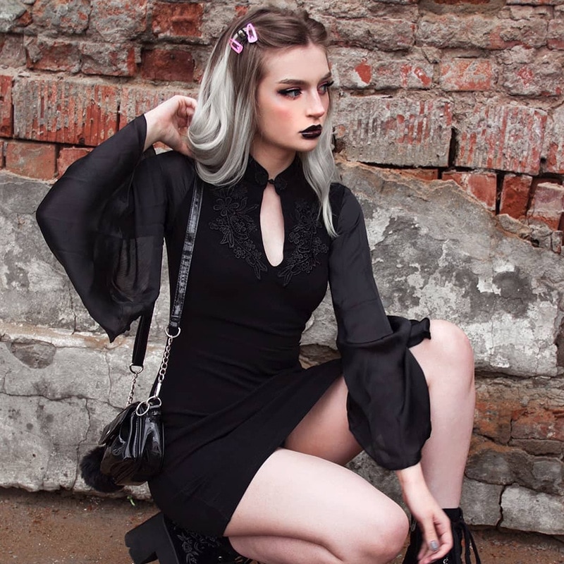 Donkerzwarte vintage gothic lolita jurken dames flare lange mouwen punk chique jurk esthetische herfst winter cheongsam
