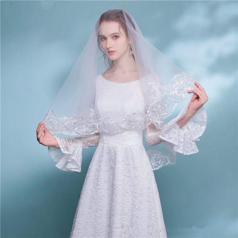 in Stock Weiß Elfenbein rot Braut- Schleier Elfenbein Spitze kurz Ellbogen Hochzeit Schleier Appliques lang Dom Braut Schleier 1.5M 3M
