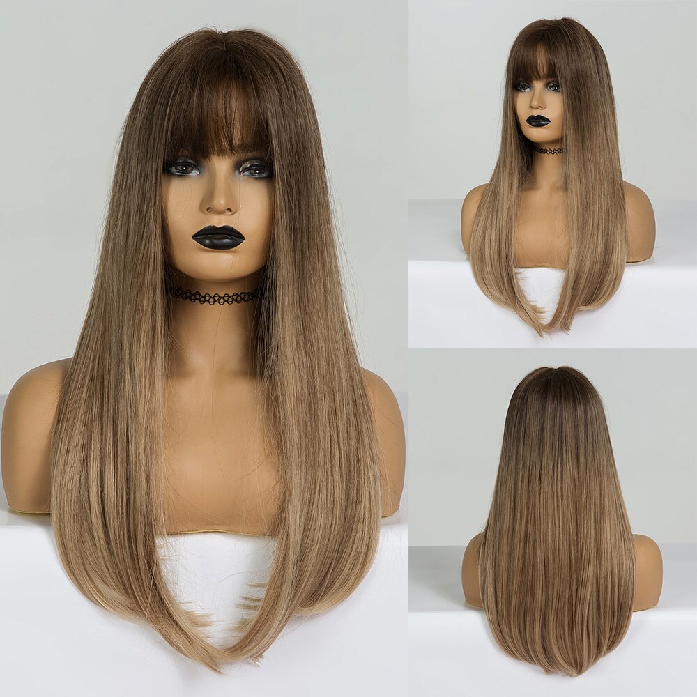 EASIHAIR, pelucas largas rectas de color negro a marrón con flequillo, pelucas sintéticas de pelo Natural, pelucas de Cosplay diarias, resistentes al calor: LC169-1