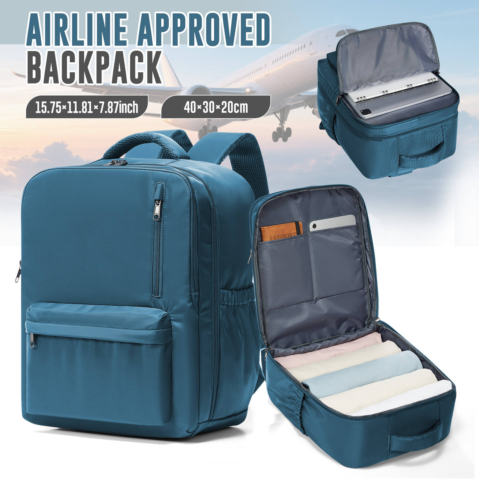 Mochila de viaje para avión de cabina 40x30x20, equipaje de mano, mochila de cabina Wizzair 40x30x20, bolsos de mano para hombres y mujeres, bolsas para ordenador portátil de 15,6 pulgadas: Azul cielo