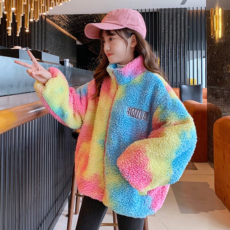 Regenboog Wol Blends Voor Meisjes Winter Kinderen Kasjmier Top Kerst Tiener Fleece Thicken Jacket Kids Kleding Bovenkleding 4-14 jaar