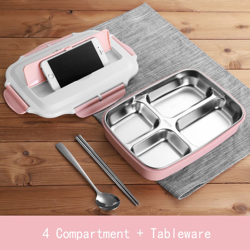 Stainless Steel Thermal Lunch Box Containers with Compartments Leakproof Bento Box Food Container Picnic Office School Lunchbox: 4 Grid Pink