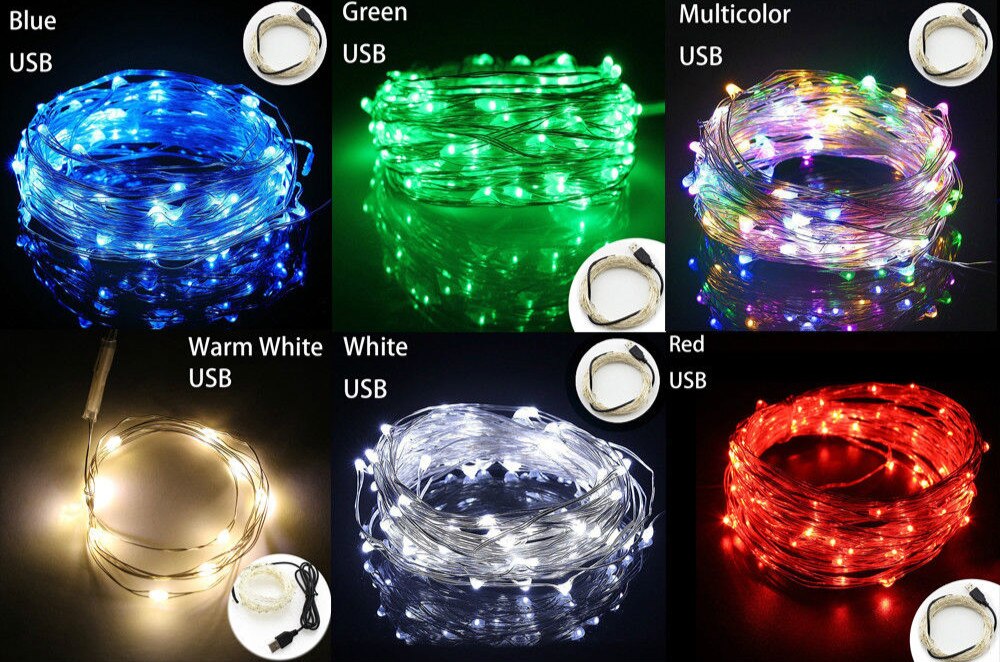Guirlande lumineuse LED féerique en fil d'argent, 1M/5M/10M, pour noël, chambre à coucher, maison, mariage, nouvel an, décor, alimenté par USB