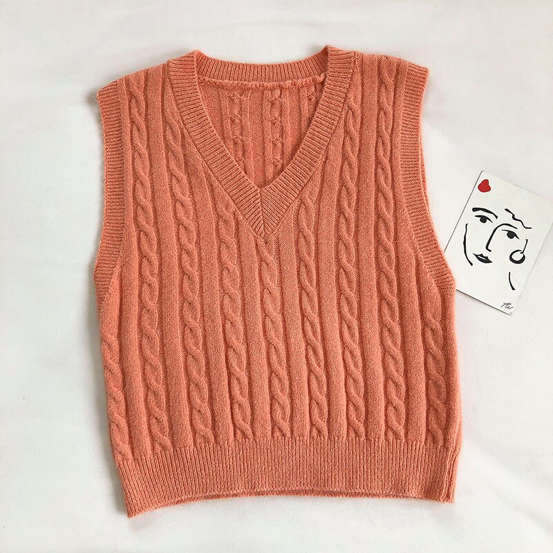 Gagarich Vest Women Autumn Korean Style Solid Color All-match Retro Pattern Knitted Slim V-neck Sleeveless Top Casual