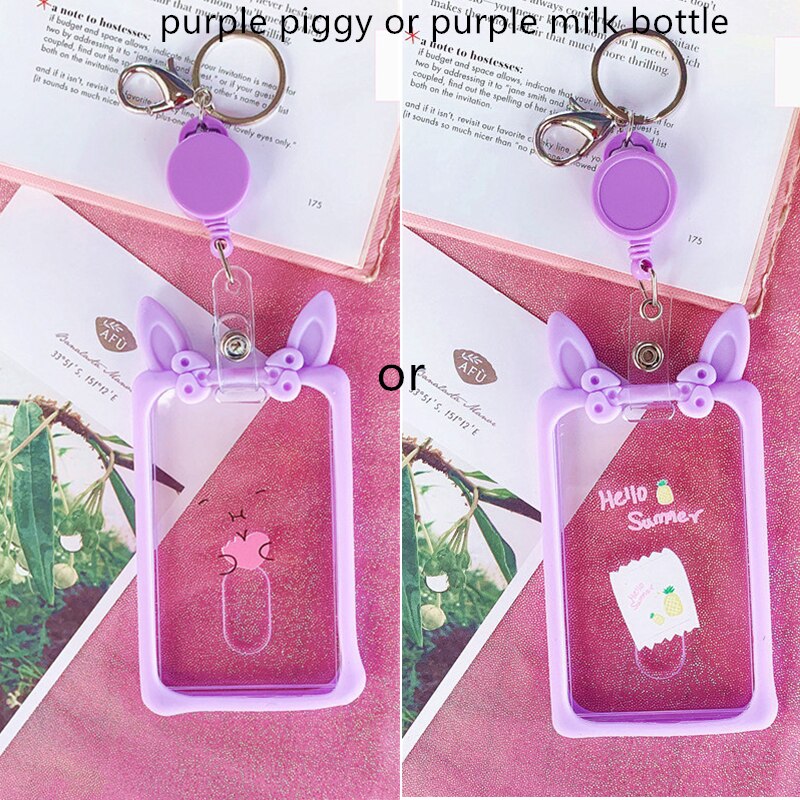 Leuke Ear Intrekbare Kaarthouder Piggy Melk Fles Student Bus Kaarthouder Pass Cover Sleutelhanger Badge Card Case Opbergtas: light purple
