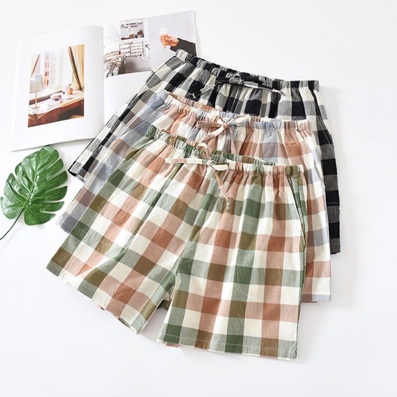 Summer Ladies Loose Thin Household Bottoms Women Cotton Sleeo Shorts Elastic Waist Soft Plaid Casual Pants With Pocket