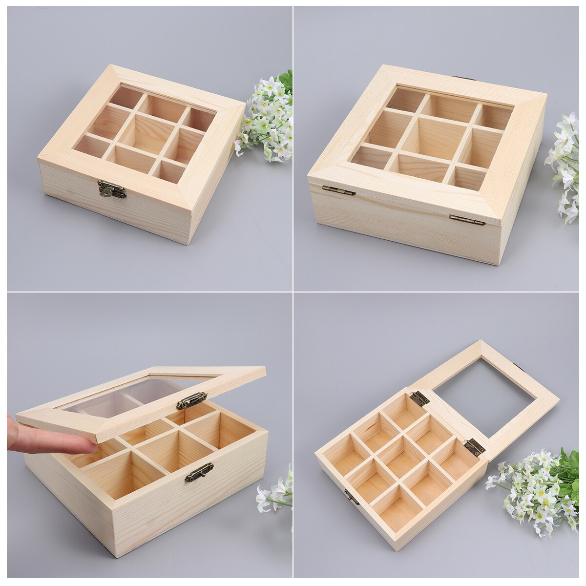Coffee Storage Box Organizer Wooden Tea Box with 9-Compartment and Glass Window Tea Coffee Display Case Tea Bag Chest Letters