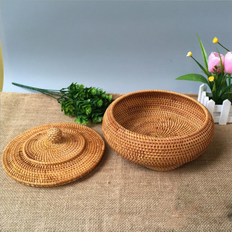 Förvaringskorg handvävd rotting vävd med lock rund primärfärg kinesiska smycken snacks te set förvaringslåda 22 x 13cm