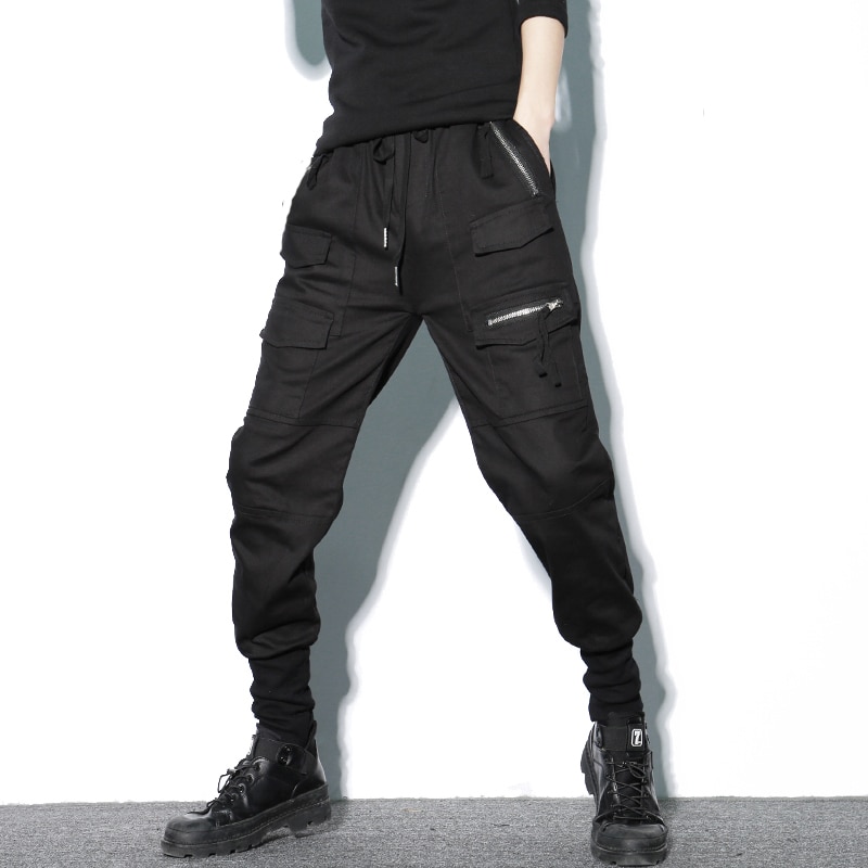 Pantalones bombachos de algodón con cremallera y bolsillos para hombre, pantalón de chándal informal, ajustado, para correr, color negro, para primavera