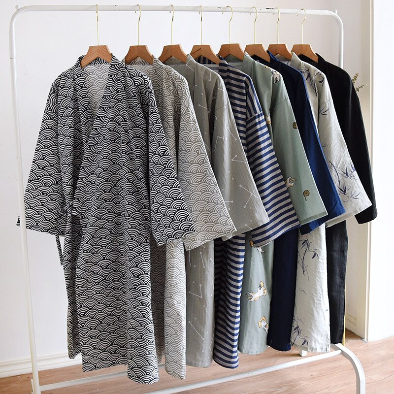 Bata de algodón de gasa para hombre, Kimono japonés Yukata fino suelto, pijama con capucha y cuello en V, novedad de 100%