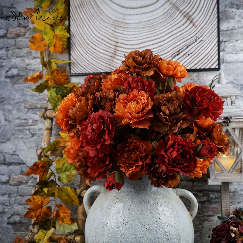 Sunmade 3-Head Grote Pioen Tak Kunstbloemen Woonkamer Decoratie Bruiloft Fall Decor Bloemstuk Diy