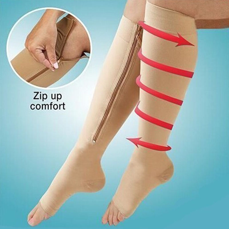Lynlås kompressionsstrømper mænd & kvinder tryk nylon lynlås knæstrømper unisex benstøtte stretch tryk åben tå lange sokker