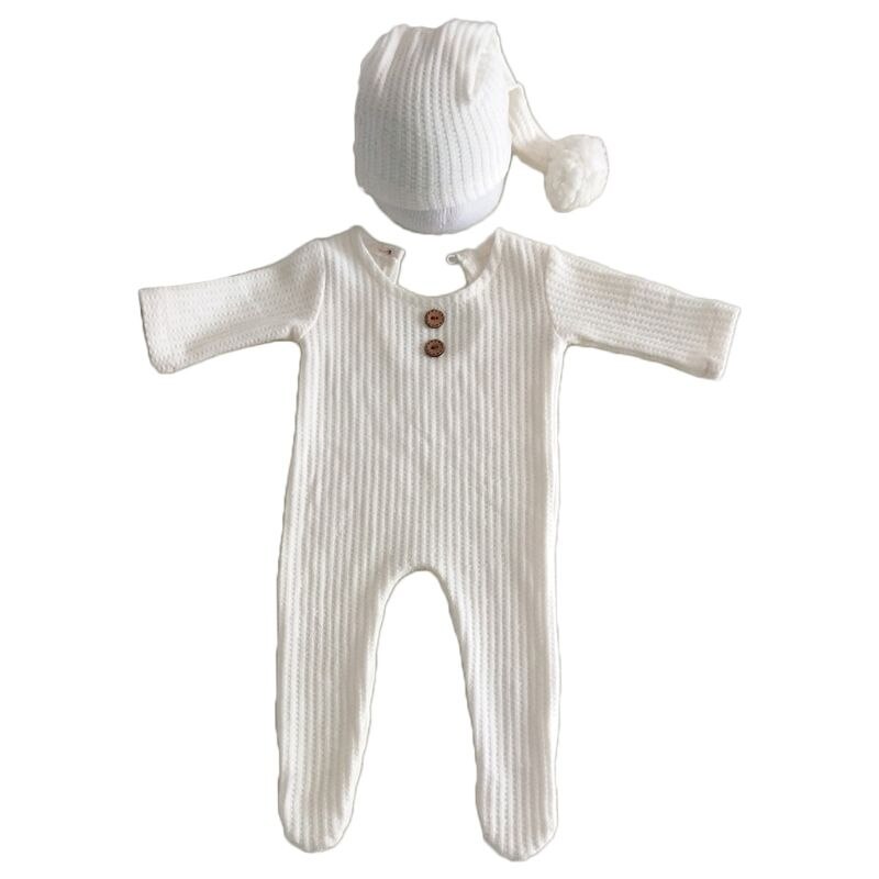 2 Stuks Pasgeboren Fotografie Props Pak Romper + Hoed Set Lange Mouw Jumpsuits Bodysuit Handgemaakte Knit Outfit Kleding Zuigelingen Douche: White wooden button