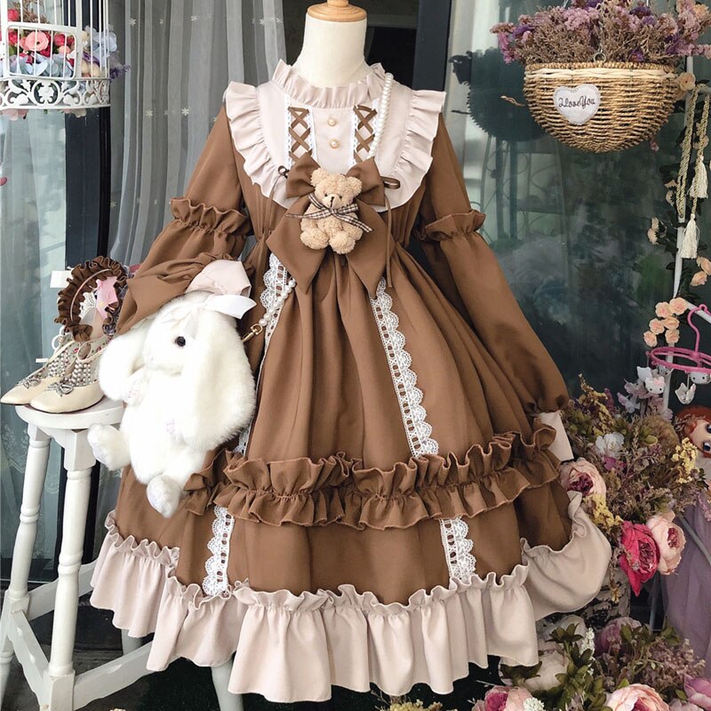 Gotisk lolita kjole kawaii viktoriansk goth klær til kvinner prinsesse kjole halloween kostymer til kvinner voksen kaffe blå fest: Kaffe / L