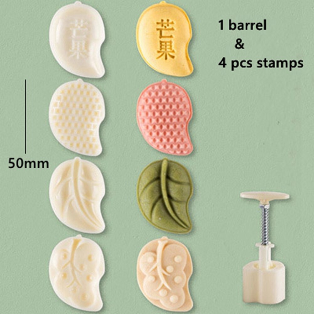 Moon Cake Decorating Tools Oriental Pastry Leaf Mango Shaped Mooncake Mold Hand Pressure Fondant Pastry Baking Tool 4pcs Set: Default Title