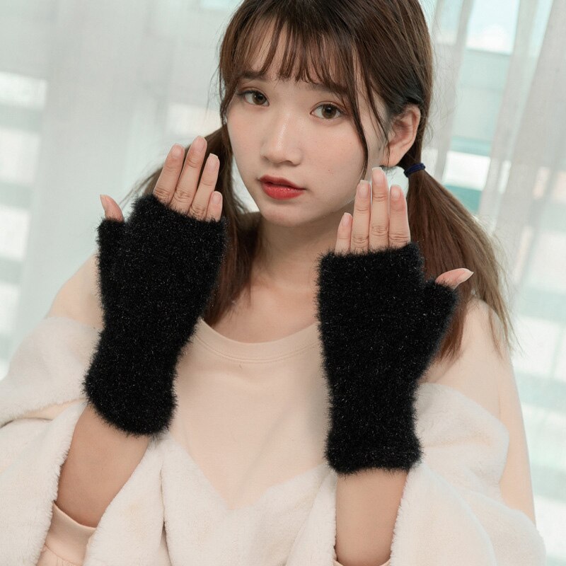 Lovely Female Winter Knit Wool Thicker Cashmere Velvet Warm Black Fingerless Mittens Cute Women Half Finger Gloves Guantes B31: Black