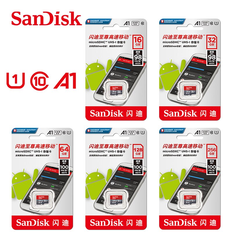 Original SanDisk micro SD Card 16GB 32GB 64GB 128GB 256GB Ultra A1 microSDXC 120MB/s UHS-I Class10 flash Memory card w/ Adapter