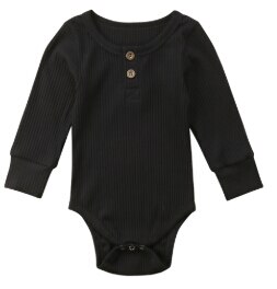 Helt nyfödd baby flicka pojke ribbad body volang i ett stycke solid jumpsuit långärmad outfit vårsoldräkt: Svart / 24m