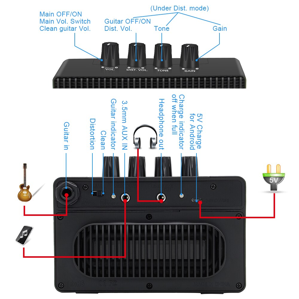 Gitarforsterker 3w mini elektrisk forsterker høyttaler for akustisk elektrisk gitar med volum, forvrengning