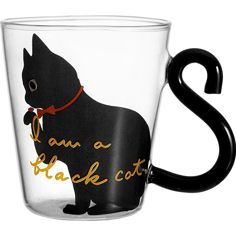 250ML Cute Cat Glass Juice Coffee Cup Milk Tea Coffee Glass Mug Cat Tail Handle Cat Valentine's Day Lover Stainless Spoon