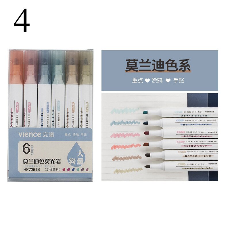 6Pcs/Set Fluorescent Colors Highlighter Pen Vintage Macaron Colors Marker Pen 6 Color Cute Graffiti Pen Stationery Supplies: 4